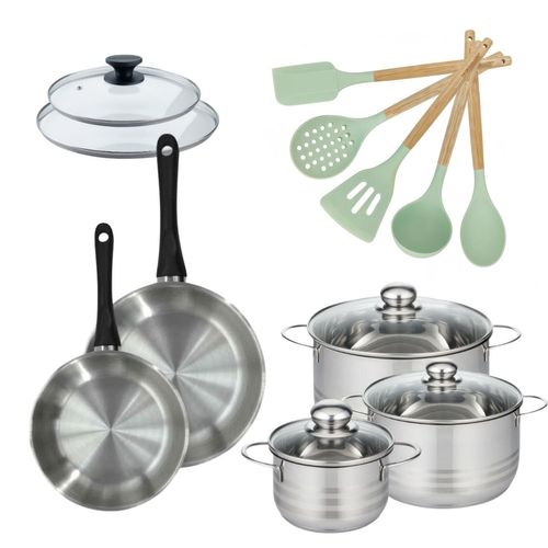 Lot De Poêles 20/24 Cm Avec Couvercles Et 3 Faitouts 16/20/24 Cm Fackelmann Généva Avec 5 Ustensile…