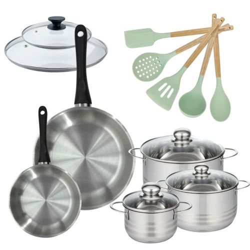 Lot De 2 Poêles 20/28cm Avec Couvercles Et 3 Faitouts 16/20/24cm Fackelmann Généva Avec 5 Ustensile…