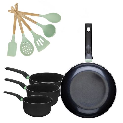 Lot Poêle 30cm Et 3 Casseroles 16/18/20cm Fackelmann Brandao Avec 5 Ustensiles Océan