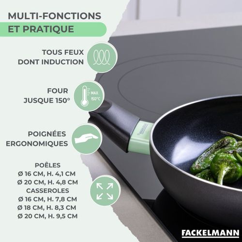 Lot 2 Poêles 16/20cm Et 3 Casseroles 16/18/20cm Fackelmann Brandao Avec 5 Ustensiles Océan