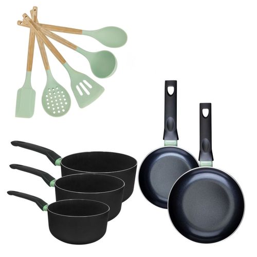 Lot 2 Poêles 16/20cm Et 3 Casseroles 16/18/20cm Fackelmann Brandao Avec 5 Ustensiles Océan