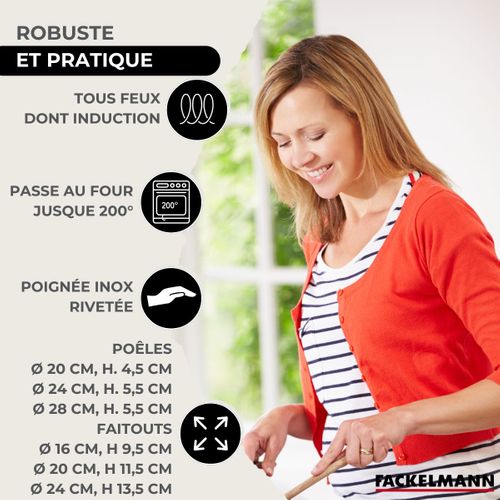 Lot 3 Poêles En Inox 20/24/28 Cm + Couvercles Fackelmann Eterna Avec 3 Faitouts 16/20/24 Cm Et 5 Us…
