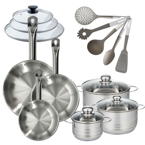 Lot 3 Poêles En Inox 20/24/28 Cm + Couvercles Fackelmann Eterna Avec 3 Faitouts 16/20/24 Cm Et 5 Us…