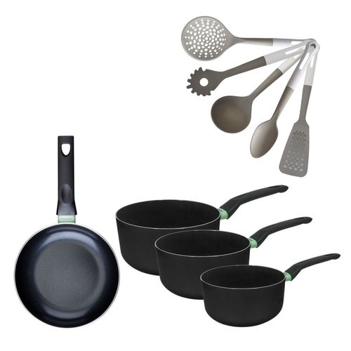Lot Poêle 24cm Et 3 Casseroles 16/18/20 Cm Sans Pfas Fackelmann Brandao Avec 5 Ustensiles Vario