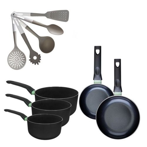 Lot De 2 Poêles 16/20 Cm Et 3 Casseroles 16/18/20 Cm Fackelmann Brandao Avec 5 Ustensiles De Cuisin…