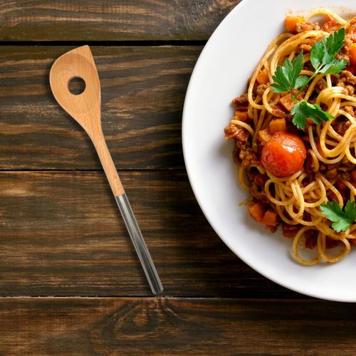 Ensemble De 2 Cuillères En Bois Biseautée Avec Un Trou Manche Inox 34 Cm