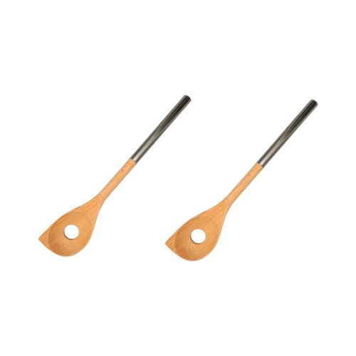 Ensemble De 2 Cuillères En Bois Biseautée Avec Un Trou Manche Inox 34 Cm