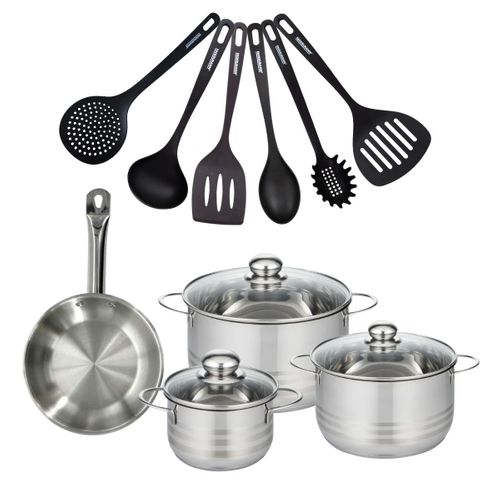 Set 1 Poêle 20 Cm En Inox, 3 Faitouts Inox 16, 20 Et 24 Cm Et 6 Ustensiles