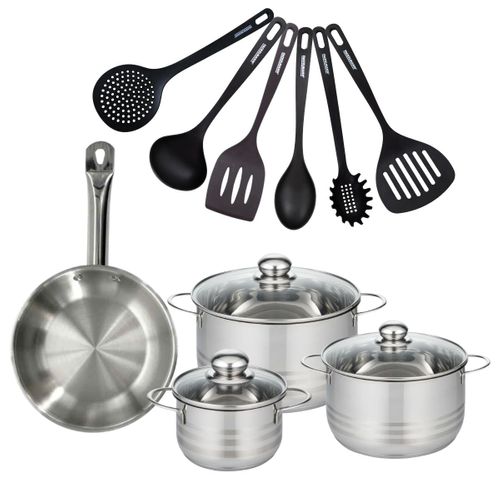 Set 1 Poêle 24 Cm En Inox, 3 Faitouts Inox 16, 20 Et 24 Cm Et 6 Ustensiles