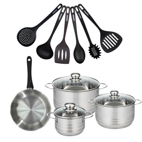 Set De 1 Poêle 20 Cm En Inox, 3 Faitouts 16, 20 Et 24 Cm Et 6 Ustensiles Rpet
