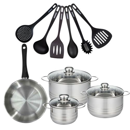Set De 1 Poêle 24 Cm En Inox, 3 Faitouts 16, 20 Et 24 Cm Et 6 Ustensiles Rpet