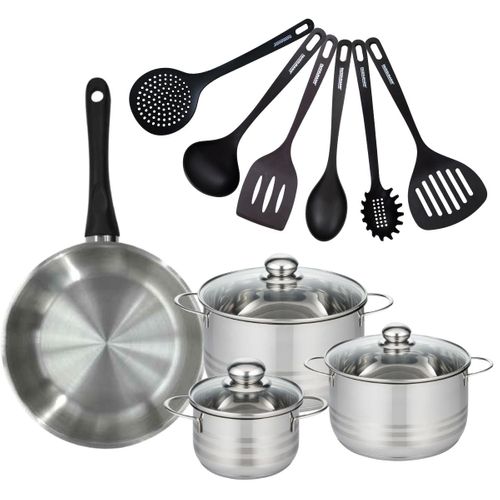 Set De 1 Poêle 28 Cm En Inox, 3 Faitouts 16, 20 Et 24 Cm Et 6 Ustensiles Rpet