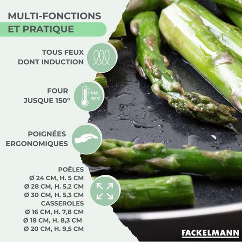 Ensemble De 3 Poêles De 24, 28 Et 30 Cm Et 3 Casseroles 16, 18 Et 20 Cm Brandao