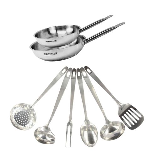 Set De 2 Poêles De 20 Et 24 Cm En Inox Et 6 Ustensiles Inox Eterna