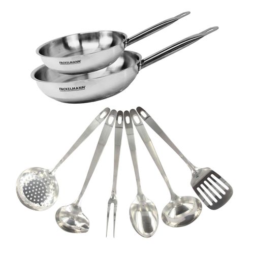 Set De 2 Poêles De 24 Et 28 Cm En Inox Et 6 Ustensiles Inox Eterna