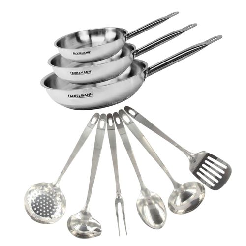 Set De 3 Poêles De 20, 24 Et 28 Cm En Inox Et 6 Ustensiles Inox Eterna