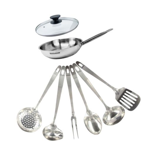 Set Poêle 20 Cm En Inox, Couvercle Verre Et 6 Ustensiles Inox Eterna