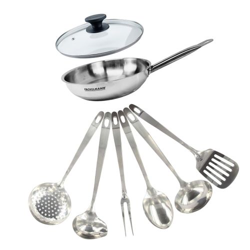 Set Poêle 24 Cm En Inox, Couvercle Verre Et 6 Ustensiles Inox Eterna