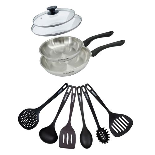 Set 2 Poêles 20 Et 24 Cm En Inox, Couvercles Verre Et 6 Ustensiles Geneva