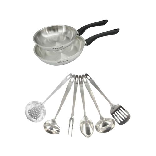 Set 2 Poêles 20 Et 24 Cm En Inox Et 6 Ustensiles Inox Geneva