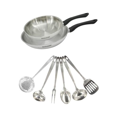 Set 2 Poêles 20 Et 28 Cm En Inox Et 6 Ustensiles Inox Geneva