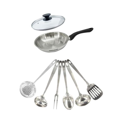 Set Poêle 20 Cm En Inox, Couvercle Verre Et 6 Ustensiles Inox Fackelmann Geneva