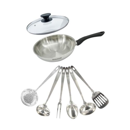 Set Poêle 24 Cm En Inox, Couvercle Verre Et 6 Ustensiles Inox Geneva