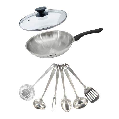 Set Poêle 28 Cm En Inox, Couvercle Verre Et 6 Ustensiles Inox Geneva