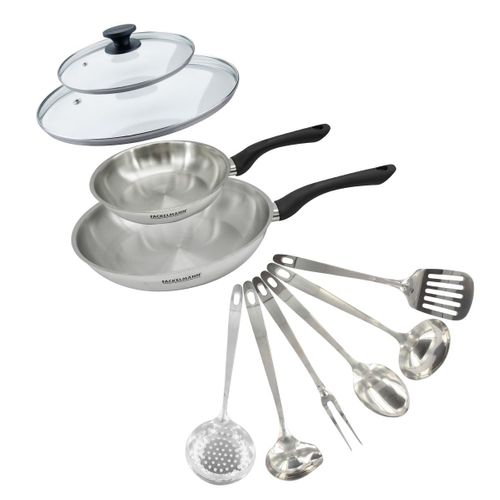 Set 2 Poêles 20 Et 28 Cm En Inox, Couvercle Verre Et 6 Ustensiles Inox Geneva