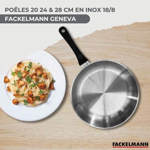 Set 3 Poêles 20 24 Et 28 Cm En Inox, Couvercles Verre Et 6 Ustensiles Inox Geneva