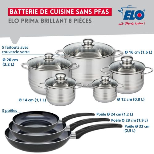 Ensemble De 3 Poêles De Cuisson 24, 28 Et 32 Cm Et 5 Faitouts 12, 14, 16, 20 Et 24 Cm