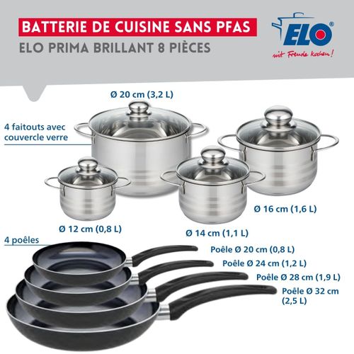 Ensemble De 4 Poêles De Cuisson 20, 24, 28 Et 32 Cm Et 4 Faitouts 12, 14, 16 Et 20 Cm