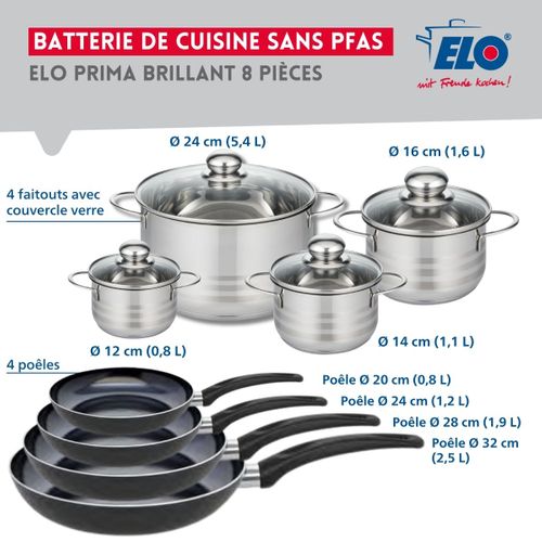 Ensemble De 4 Poêles De Cuisson 20, 24, 28 Et 32 Cm Et 4 Faitouts 12, 14, 16 Et 24 Cm