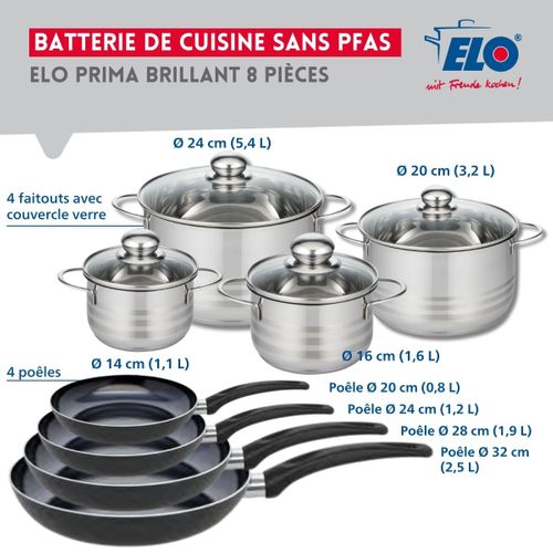 Ensemble De 4 Poêles De Cuisson 20, 24, 28 Et 32 Cm Et 4 Faitouts 14, 16, 20 Et 24 Cm