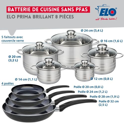 Ensemble De 4 Poêles De Cuisson 20, 24, 28 Et 32 Cm Et 5 Faitouts 12, 14, 16, 20 Et 24 Cm