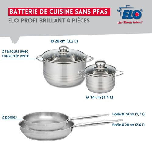 Ensemble De 2 Poêles De Cuisson 24 Et 28 Cm Et 2 Faitouts 14 Et 20 Cm Profi Brillant