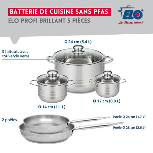 Ensemble De 2 Poêles De Cuisson 24 Et 28 Cm Et 3 Faitouts 12, 14 Et 24 Cm Profi Brillant
