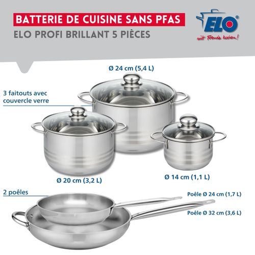 Ensemble De 2 Poêles De Cuisson 24 Et 32 Cm Et 3 Faitouts 14, 20 Et 24 Cm Profi Brillant