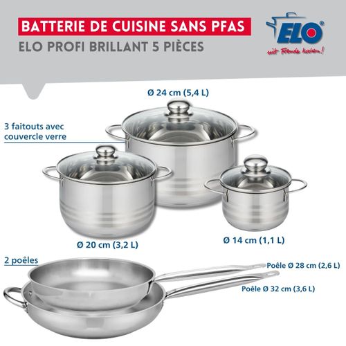 Ensemble De 2 Poêles De Cuisson 28 Et 32 Cm Et 3 Faitouts 14, 20 Et 24 Cm Profi Brillant