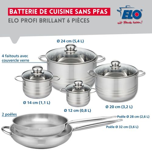 Ensemble De 2 Poêles De Cuisson 28 Et 32 Cm Et 4 Faitouts 12, 14, 20 Et 24 Cm Profi Brillant