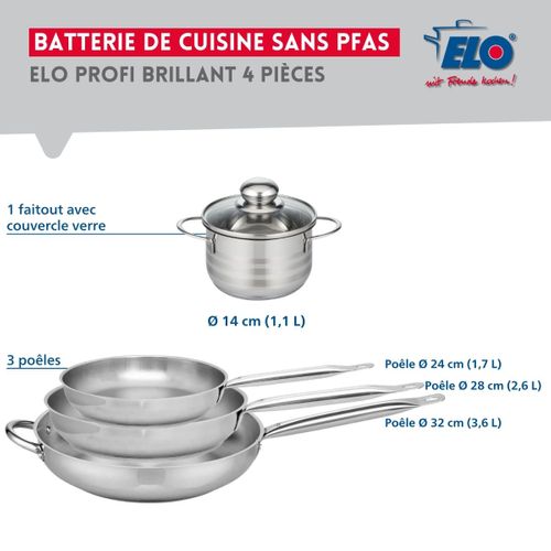 Ensemble De 3 Poêles De Cuisson 24, 28 Et 32 Cm Et 1 Faitout 14 Cm Profi Brillant