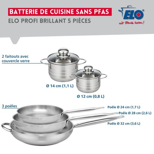 Ensemble De 3 Poêles De Cuisson 24, 28 Et 32 Cm Et 2 Faitouts 12 Et 14 Cm Profi Brillant