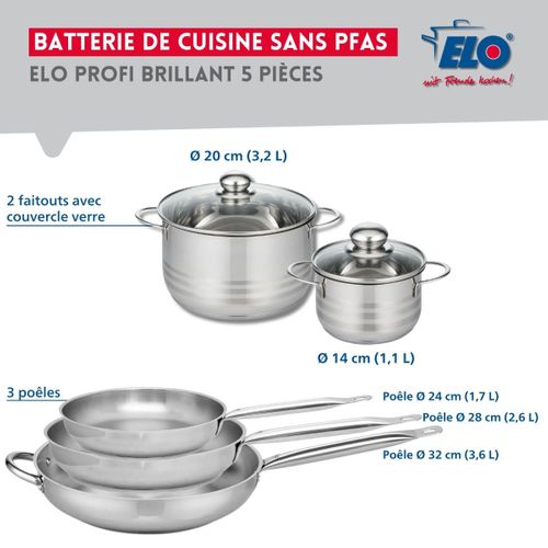 Ensemble De 3 Poêles De Cuisson 24, 28 Et 32 Cm Et 2 Faitouts 14 Et 20 Cm Profi Brillant