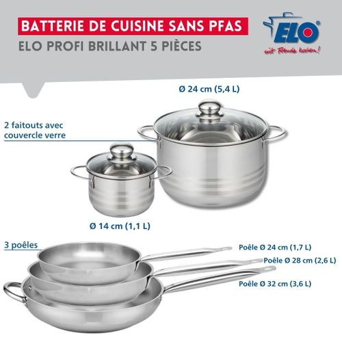 Ensemble De 3 Poêles De Cuisson 24, 28 Et 32 Cm Et 2 Faitouts 14 Et 24 Cm Profi Brillant