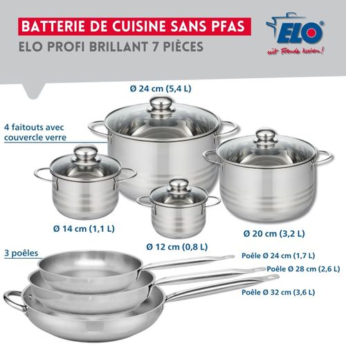 Ensemble De 3 Poêles De Cuisson 24, 28 Et 32 Cm Et 4 Faitouts 12, 14, 20 Et 24 Cm Profi Brillant