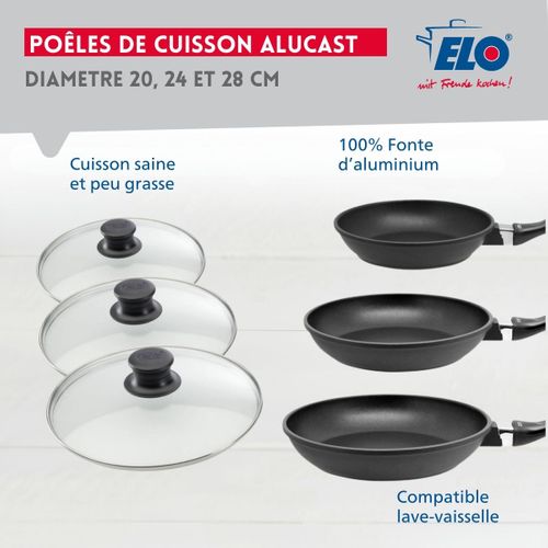 Set De 3 Poêles 20, 24 Et 28 Cm Et 3 Couvercles Sans Pfas Elo Alucast