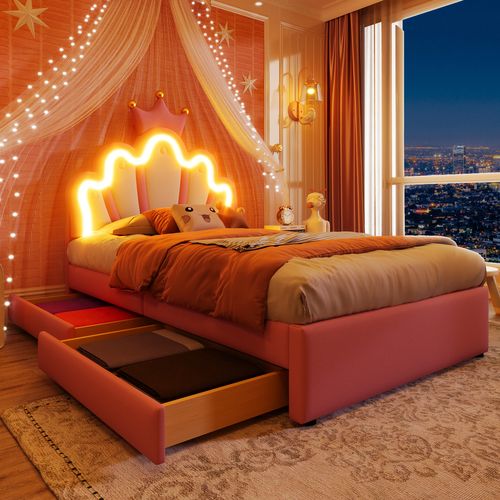 Lit Enfant 90x200 Cm Lit Jeune Avec 2 Tiroirs Et LED, Pu, Rose