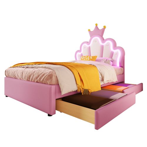 Lit Enfant 90x200 Cm Lit Jeune Avec 2 Tiroirs Et LED, Pu, Rose