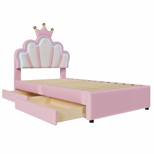 Lit Enfant 90x200 Cm Lit Jeune Avec 2 Tiroirs Et LED, Pu, Rose
