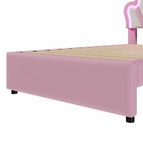 Lit Enfant 90x200 Cm Lit Jeune Avec 2 Tiroirs Et LED, Pu, Rose